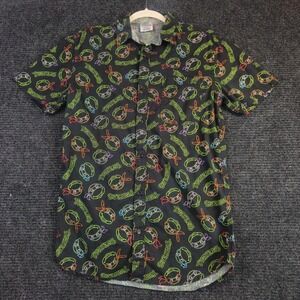 NICKELODEON TMNT Mens Small Black Retro Cartoon‎ AOP Graphic Button Front Shirt